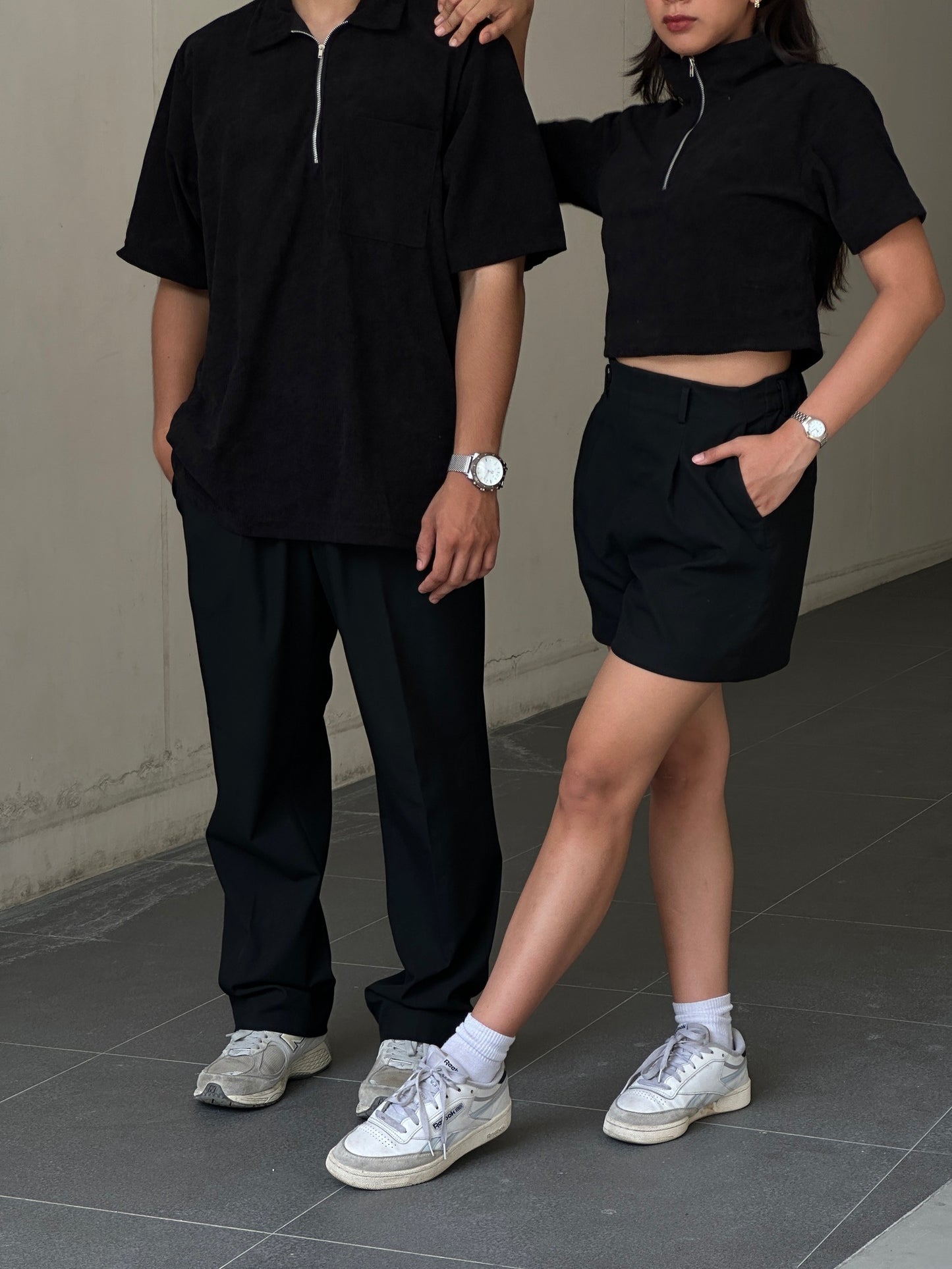 Corduroy Quarter Zip Polo Shirt Black