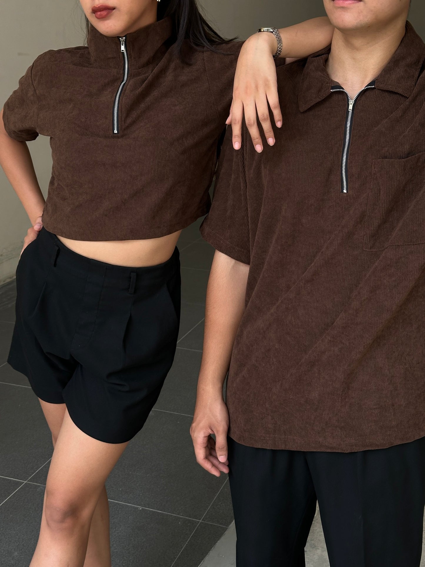 Corduroy Quarter Zip Polo Shirt Choco Brown