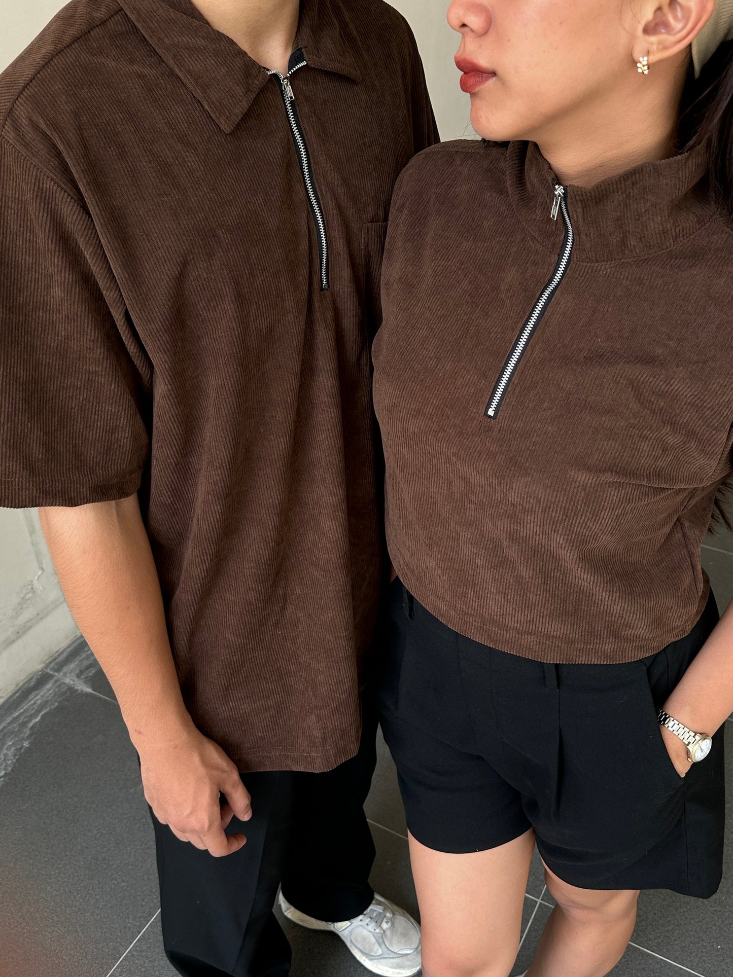 Corduroy Crop-top Quarter Zip Polo Shirt Choco Brown