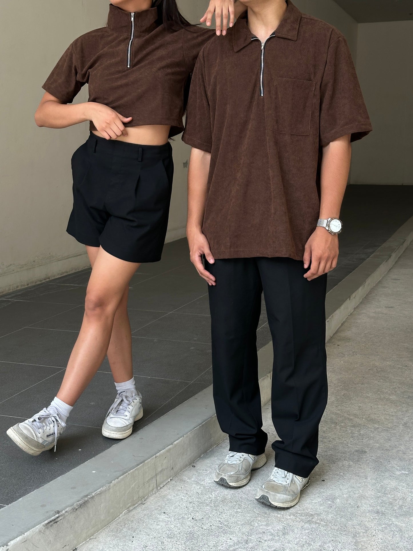 Corduroy Quarter Zip Polo Shirt Choco Brown