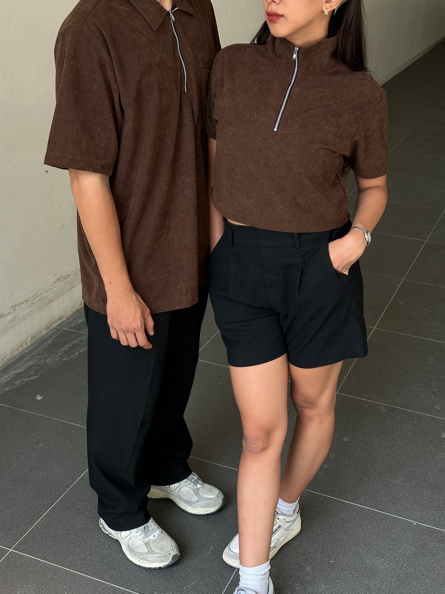 Corduroy Quarter Zip Polo Shirt Choco Brown