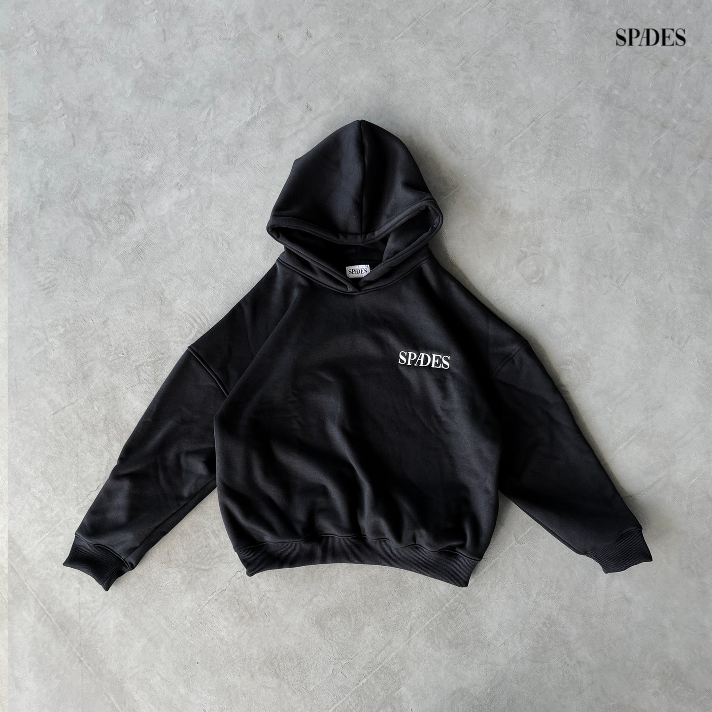 Spades Monochrome Embro Logo Boxy Hoodie Black