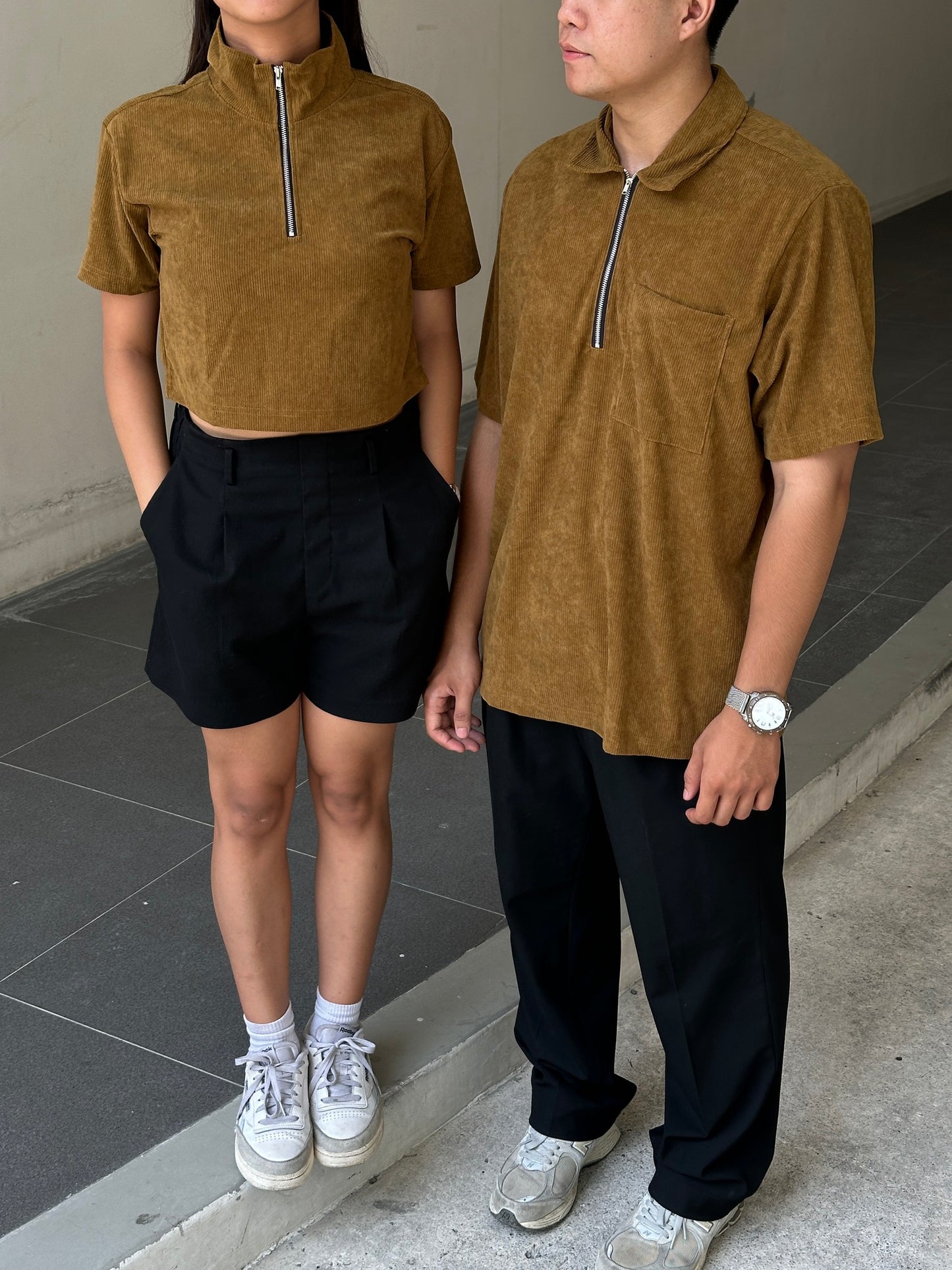 Corduroy Crop-top Quarter Zip Polo Shirt Caramel