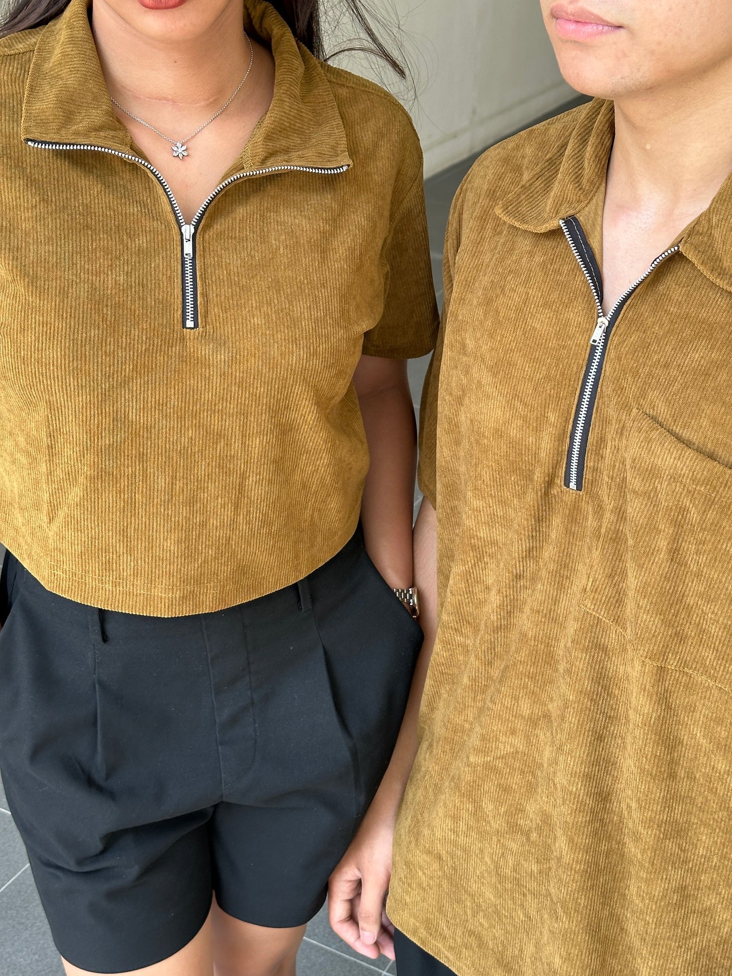 Corduroy Crop-top Quarter Zip Polo Shirt Caramel