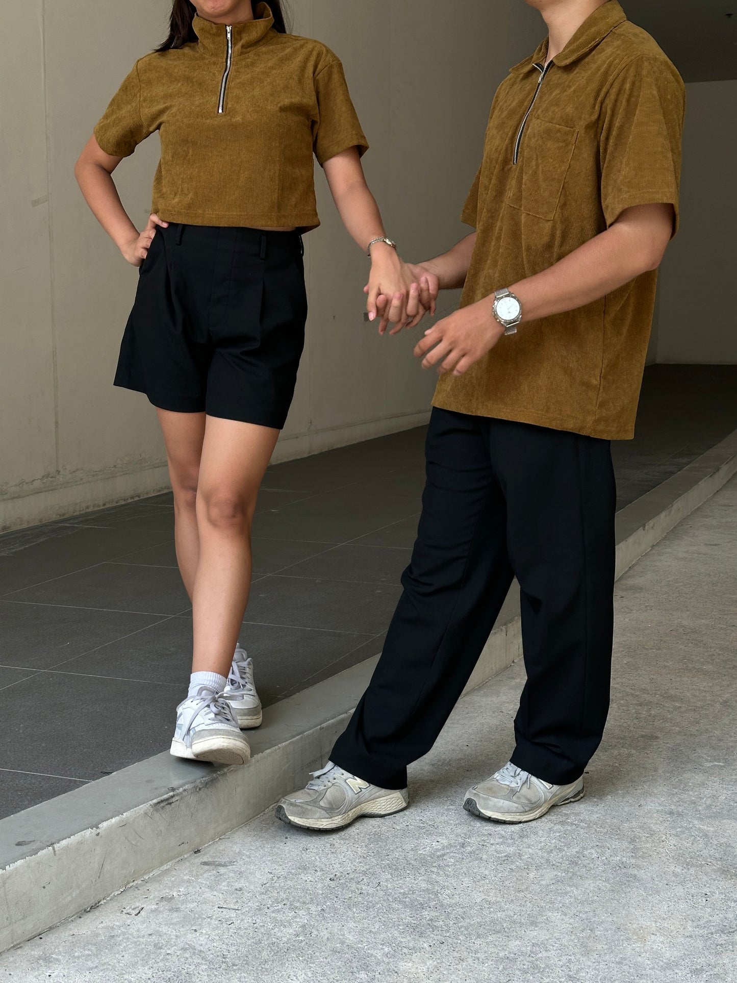 Corduroy Crop-top Quarter Zip Polo Shirt Caramel